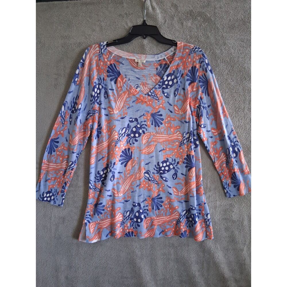 Talbots Lg Light Sweater Cotton‎ Vneck 3/4 Sleeve Lobster Print Preppy Coastal